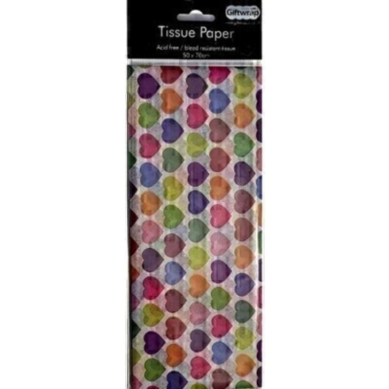 Colourful Hearts White Tissue Paper By Stewo Colourful heart design tissue paper by Swiss designer Stewo.  3 sheets of coloured quality tissue wrapping paper. Acid free and bleed resistant tissue. Approx size: 50cm x 70cm